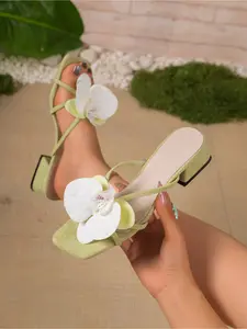 Forest Style Orchid Decor Block Heel Sandals Dual Thin Strap Soft Sole Dating Fairy Slides