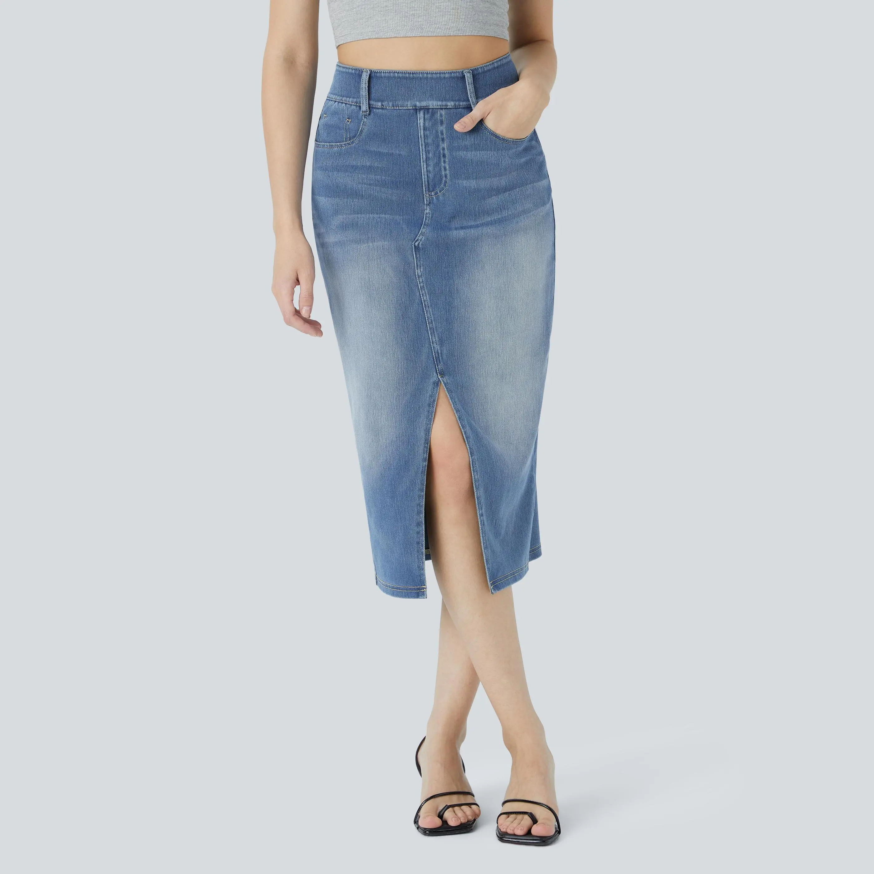 Halara Flex High Waisted Pockets Bodycon Washed Denim Casual Midi Skirt