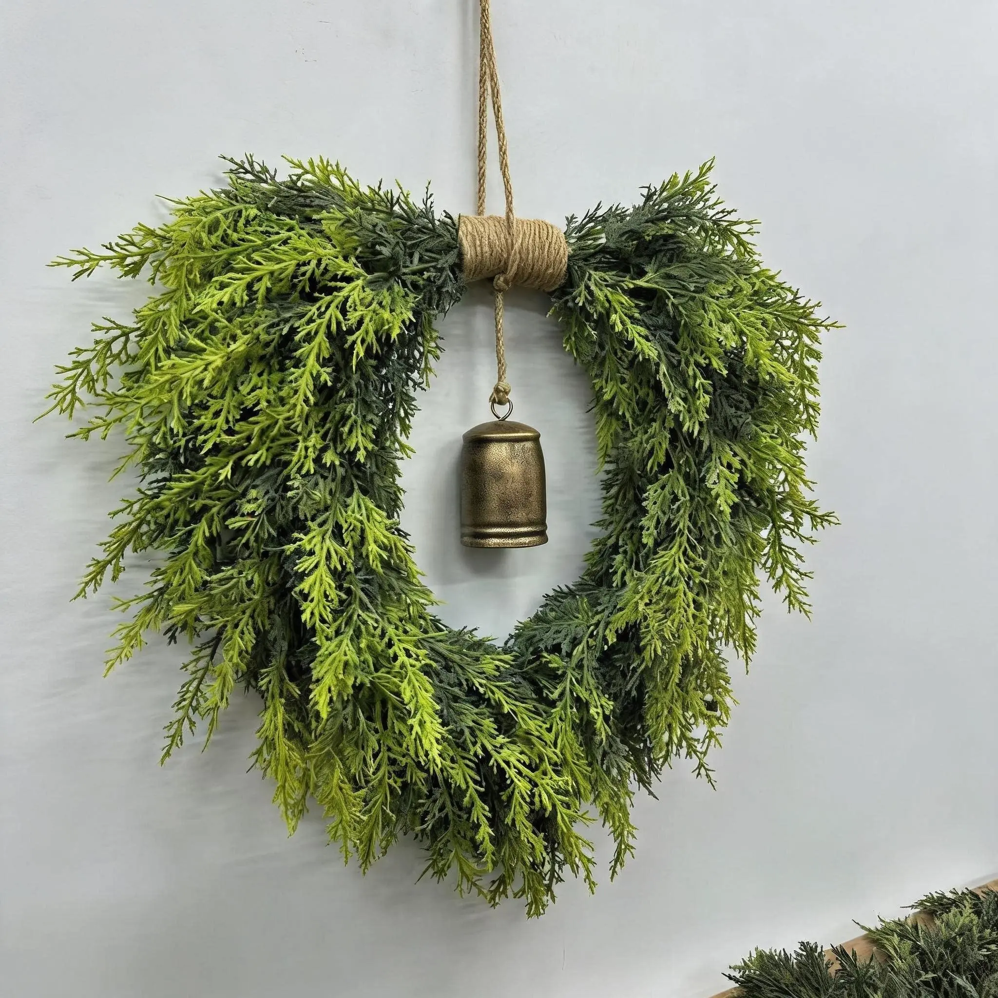 Heart Shaped Artificial Cypress Wreath, Farmhouse Greenery Wreath with Vintage Metal Bell, Indoor Outdoor Rustic Wall Hanging Ornament