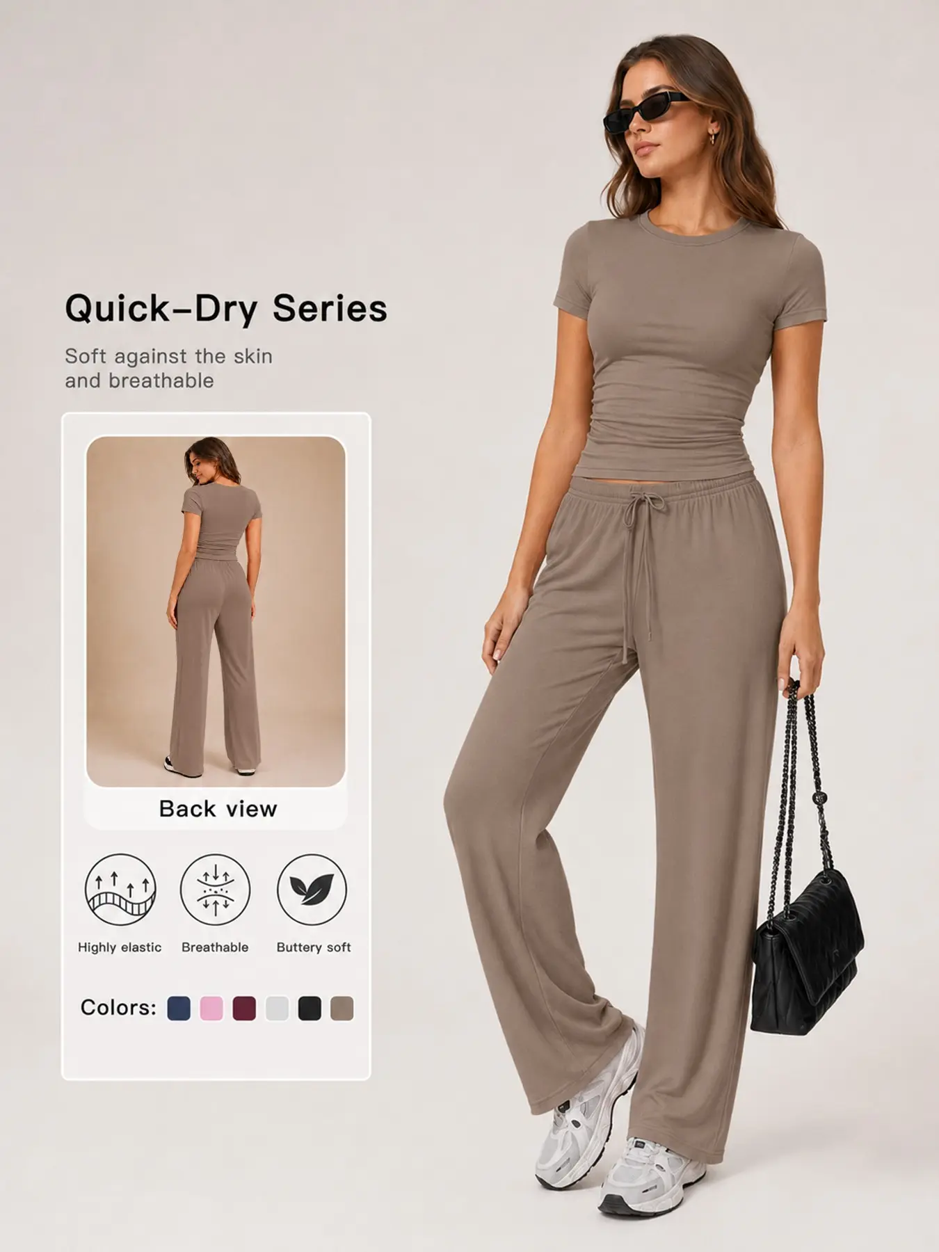 Women's 2 Piece Solid Color Workout Set, Gym Workout Sets, Lightweight Gymwear, Short Sleeve Waist Slimming Top and Loose Adjustable Drawstring Long Pants Comfortable 4 Way Stretch Yoga Gym Training Outfit for Outdoor Running Cycling Fitness Wear
