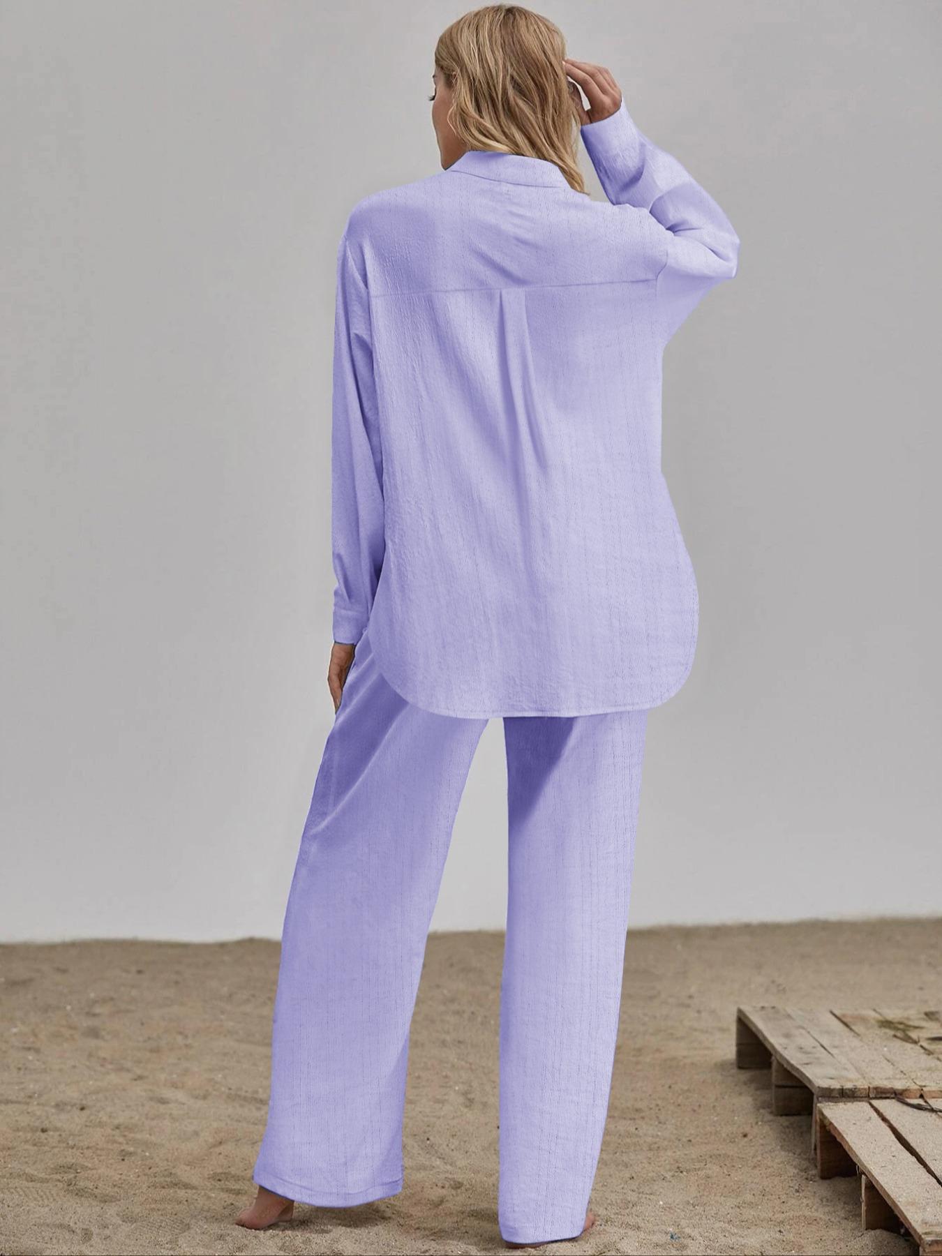 Two-piece Set Women's Solid Color Button Front Shirt & Wide Leg Pants, Casual Comfy Set for Daily Wear, Ladies Clothes for All Seasons, Casual Lounge Set