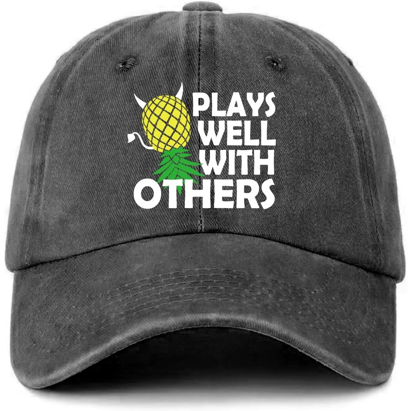 Funny Upside Down Pineapple Distressed Washed Black Hats Plays Well with Others Printed Cotton Adjustable Baseball Caps for Men Women Trendy Party Gifts for Friend Coworker Neighbor Trucker