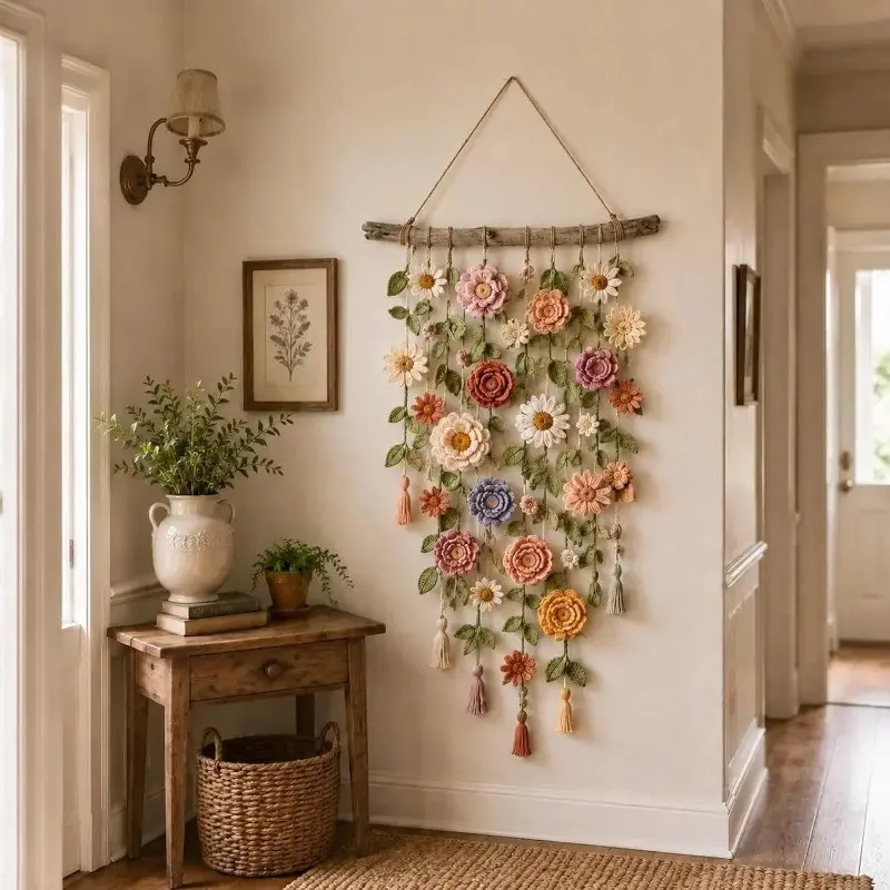 Bohemian Crochet Floral Wall Decor Hanging Ornament, Handmade Crochet Flower Wall Art, Bohemian Farmhouse Decoration, Perfect Gift for Friends