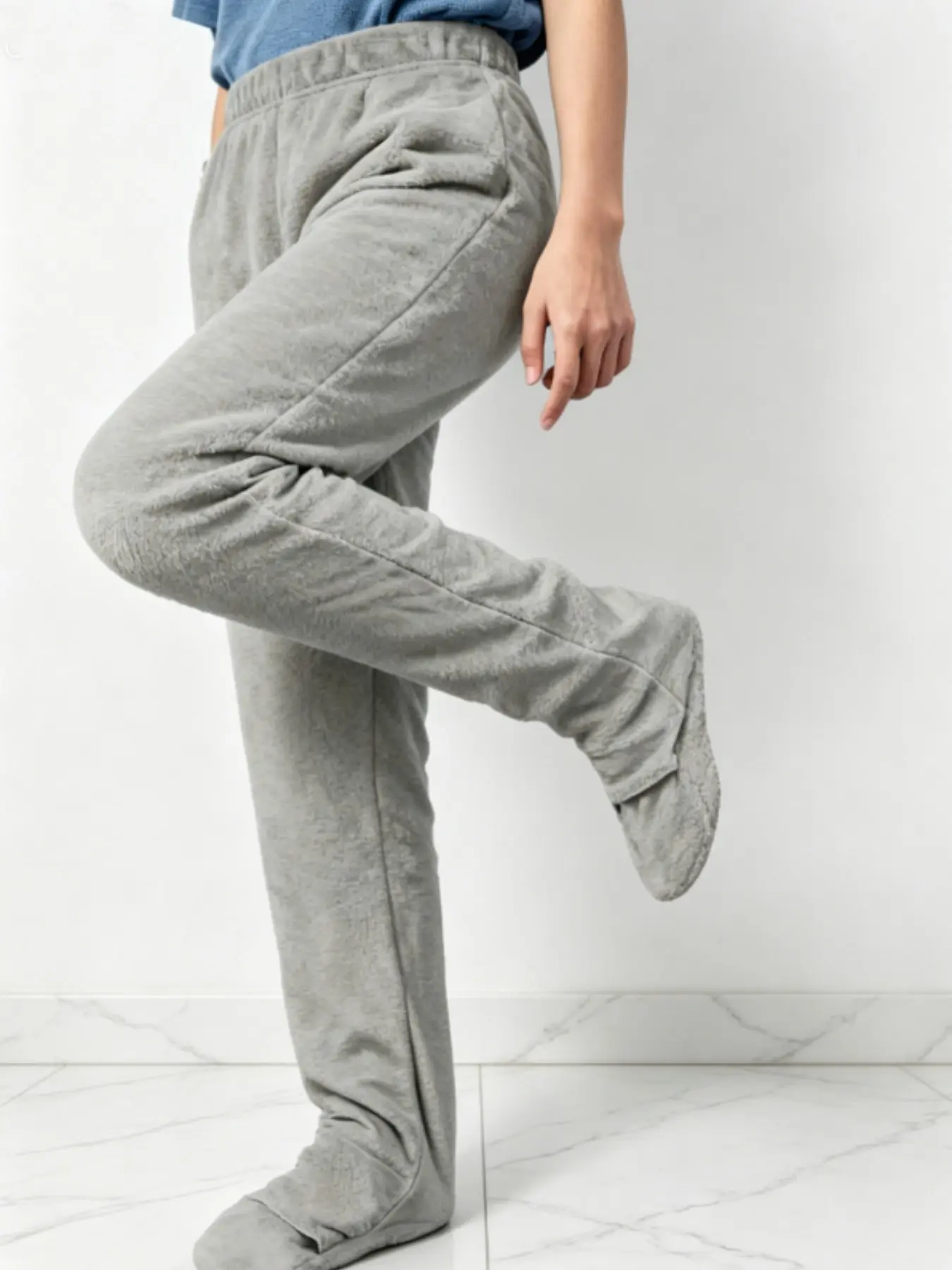 Unisex Plush Thick Sleep Pants, High-Waisted Warm Footed Pajama Bottoms, Simple Solid Color, Fall Winter Women's Underwear Loungewear