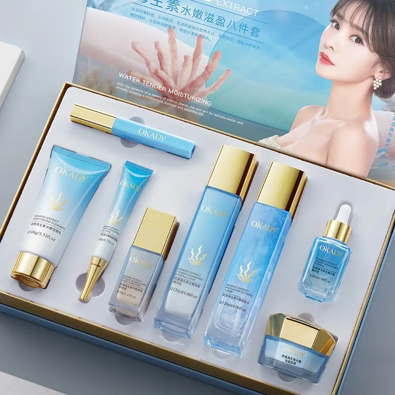 Luxury Marine Extract 8-Piece Premium Skin Care Gift Set Cleanser Toner Essence Eye Cream Emulsion Face Cream Foundation Lip Gloss, Deep Hydrating Anti-Aging Plumping Brightening Facial Kit For Women Luxury Birthday Gift