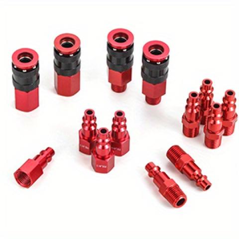 14PCS Universal Air Coupler And Plug Kit with 1/4" Air Coupler And I/M Air Plug, Featuring a 1/4 Inch NPT Quick Connect Air Fitting.This Industrial Air Coupling Set Includes 14pcs And Comes in Red, Designed for Air Compressor Additions