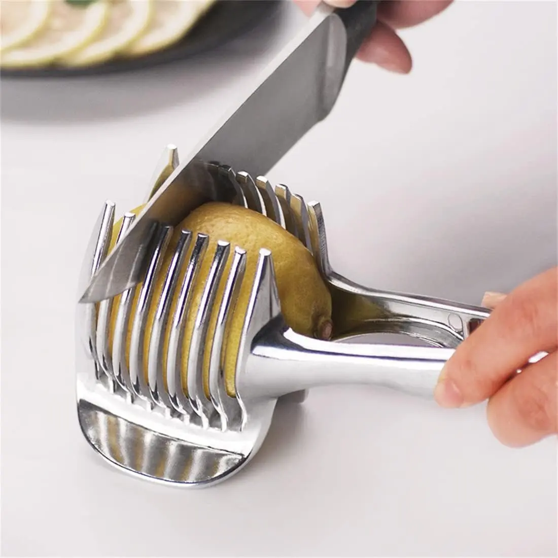 Lemon Slicer Bright Kitchen Gadgets Handy Stainless Steel Onion Holder Potato Tomato Slicer Vegetable Fruit Cutter Safety Cooking Tools Accessories