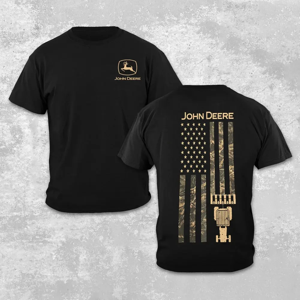 Vintage John Deere Tractor Retro T-Shirt, Country Boy Fan Merchandise |       John Deere deer logo front, camouflage American flag tractor pattern back print T-shirt, summer comfortable, breathable, pure cotton