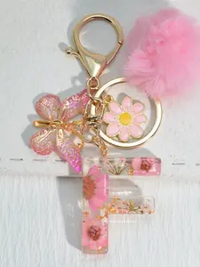 26 Letter Keychain Flower Resin Plush Pendant, Casual Style, No Choking Hazard Warning, Perfect for Everyday Use