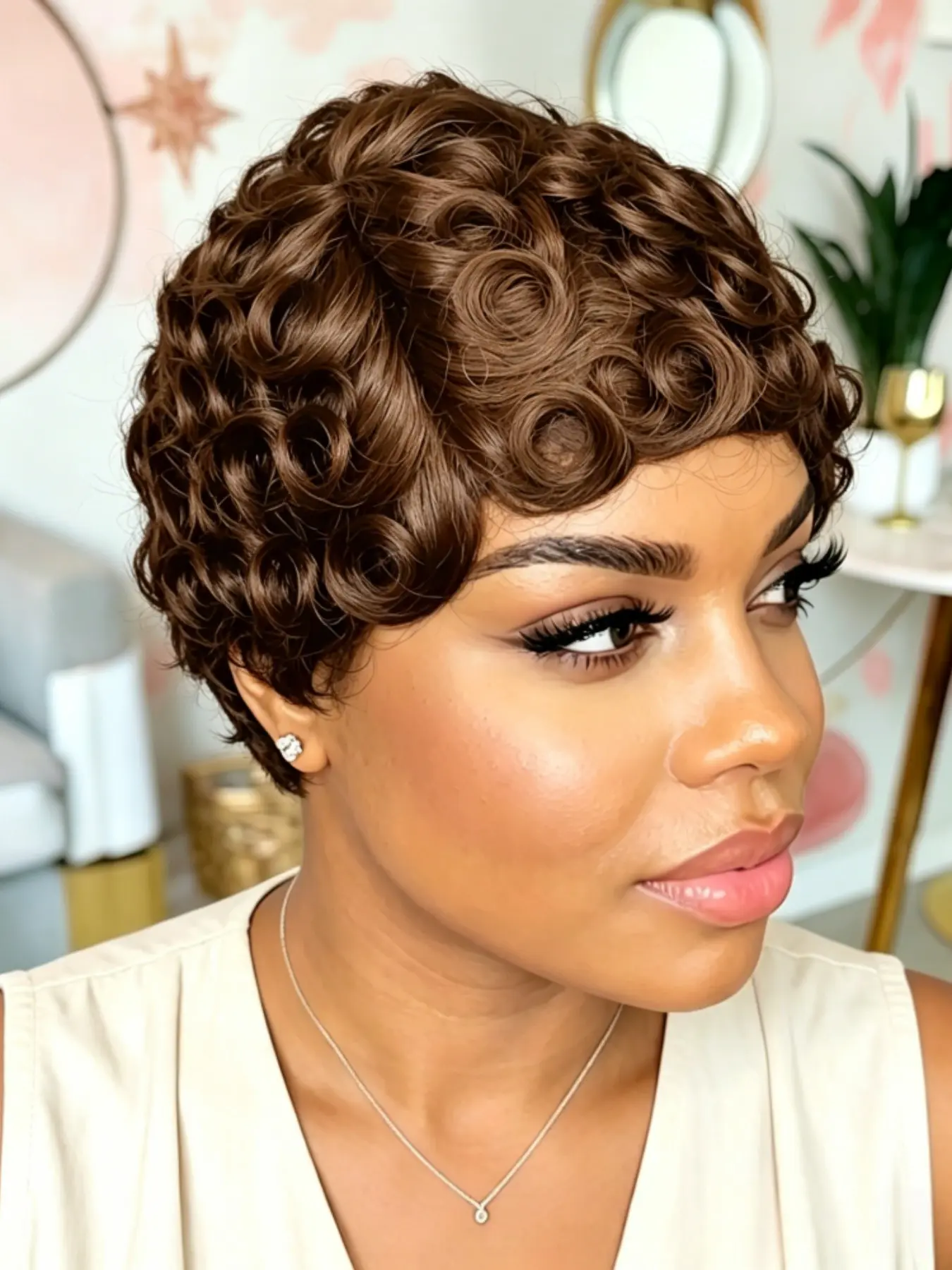 Full Machine Made Short Side Part Wave Pixie Wig, Human Hair, Natural Tiny Curly Hair Wig with Bangs, Stylish and Versatile