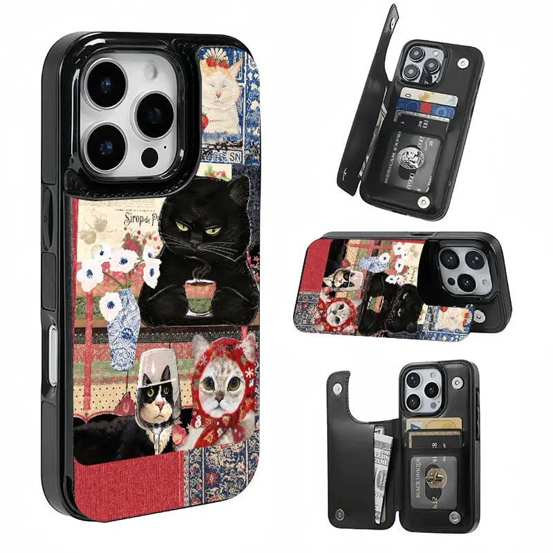Vintage Collage Style Cute Cat Card Holder, This phone case features a card slot function, can store bank cards, transit cards and other cards, suitable for iPhone 17/16/15/14/13/12, and makes a great gift for girls.