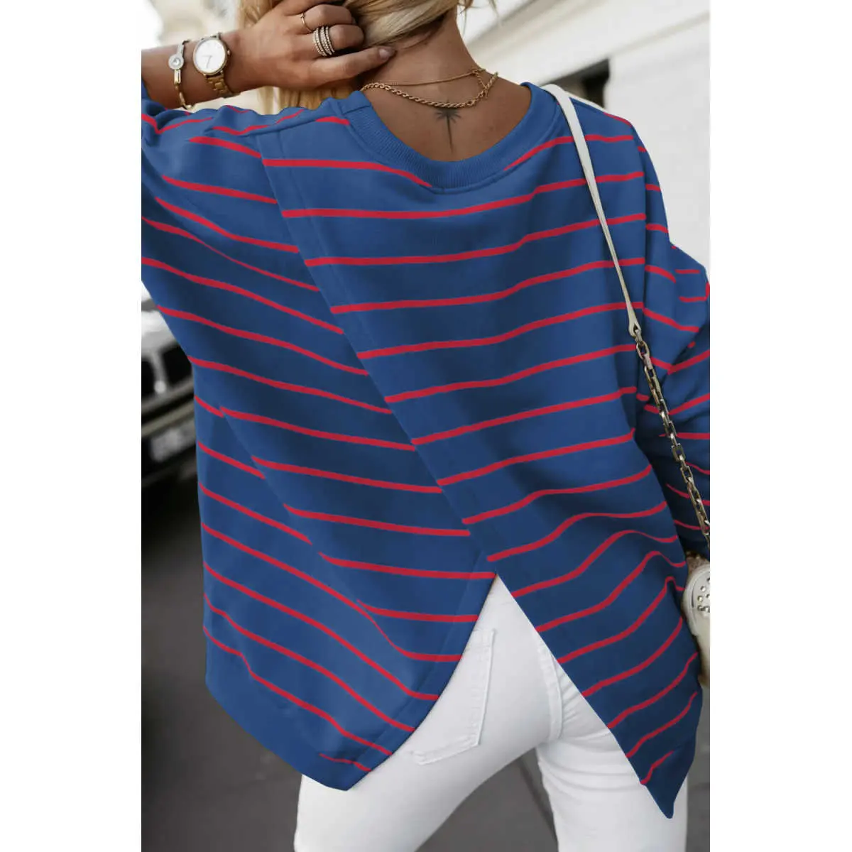 Blue Stripe Stylish Overlap Detail Drop Shoulder Pullover Sweatshirt Striped Chic