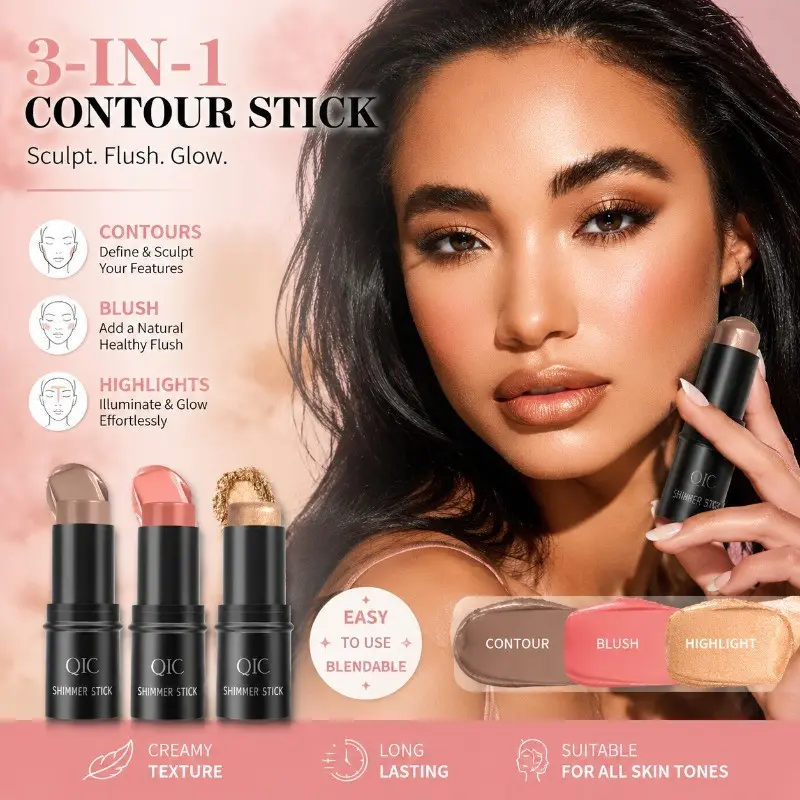 3PCS Face & Body Highlighter Stick Set, Multi-Use Cream Shimmer Makeup, Radiant Glow Illuminating Stick for Cheeks, Eyes and Body, Long Lasting Smooth Blendable Formula, Vegan & Cruelty-Free Beauty Gift for Women