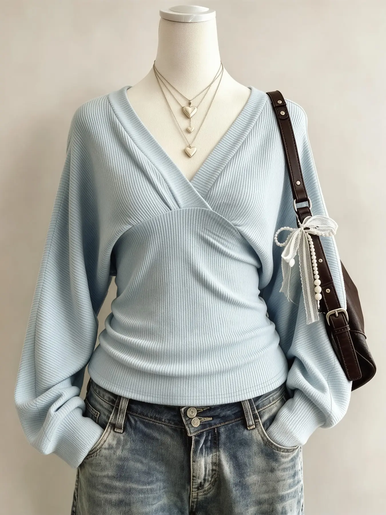 Women's V-Neck Knit Top, Elegant Slim Fit, Wide Sleeves, Soft Ribbed Fabric, Casual, Perfect for Spring, Fall, Winter, Daily Wear, Office, Dates