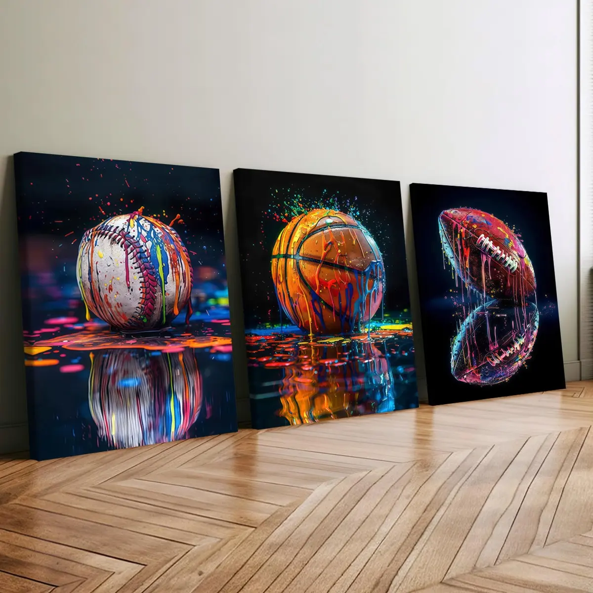 3 count wooden frame canvas, color splashing ink sports basketball baseball football triple poster, fashion home decoration, simple modern art hanging picture, living room, bedroom office wall art, waterproof and tasteless