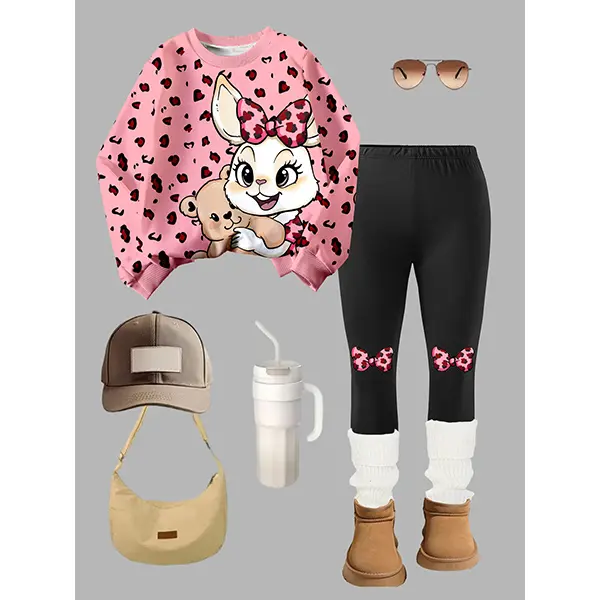 2pcs/Set Cute Rabbit & Leopard Print Top, Girls Crew Neck Sweatshirt And Leggings Set, Fashionable Casual, Suitable For Autumn/Winter