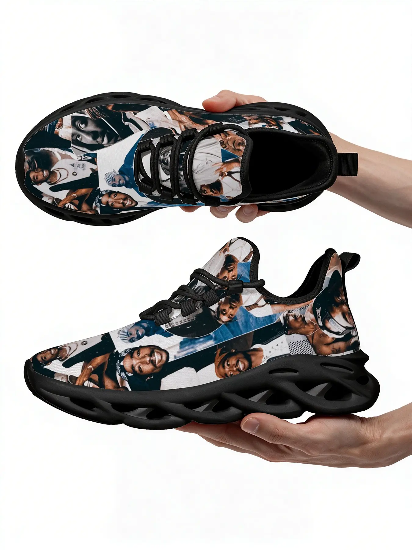 Unique Rapper Collage Print Chunky Walking Shoes For Men'S Lace Up Blade Sneakers Lightweight Hollow Sole Non Slip Casual Cushion Sneakers Popular Hot Selling Street Fashion Footwear
