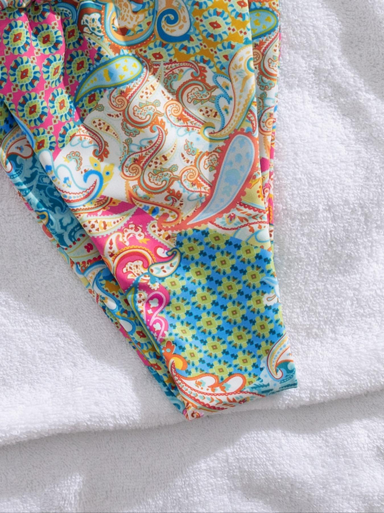 Women's Patchwork Print Bikini Set, Casual Adjustable Strap Tie Back Swim Top & Swim Bottom, Women's Swimsuit for Summer Beach Holiday Vacation, Patchwork Bikini Sets