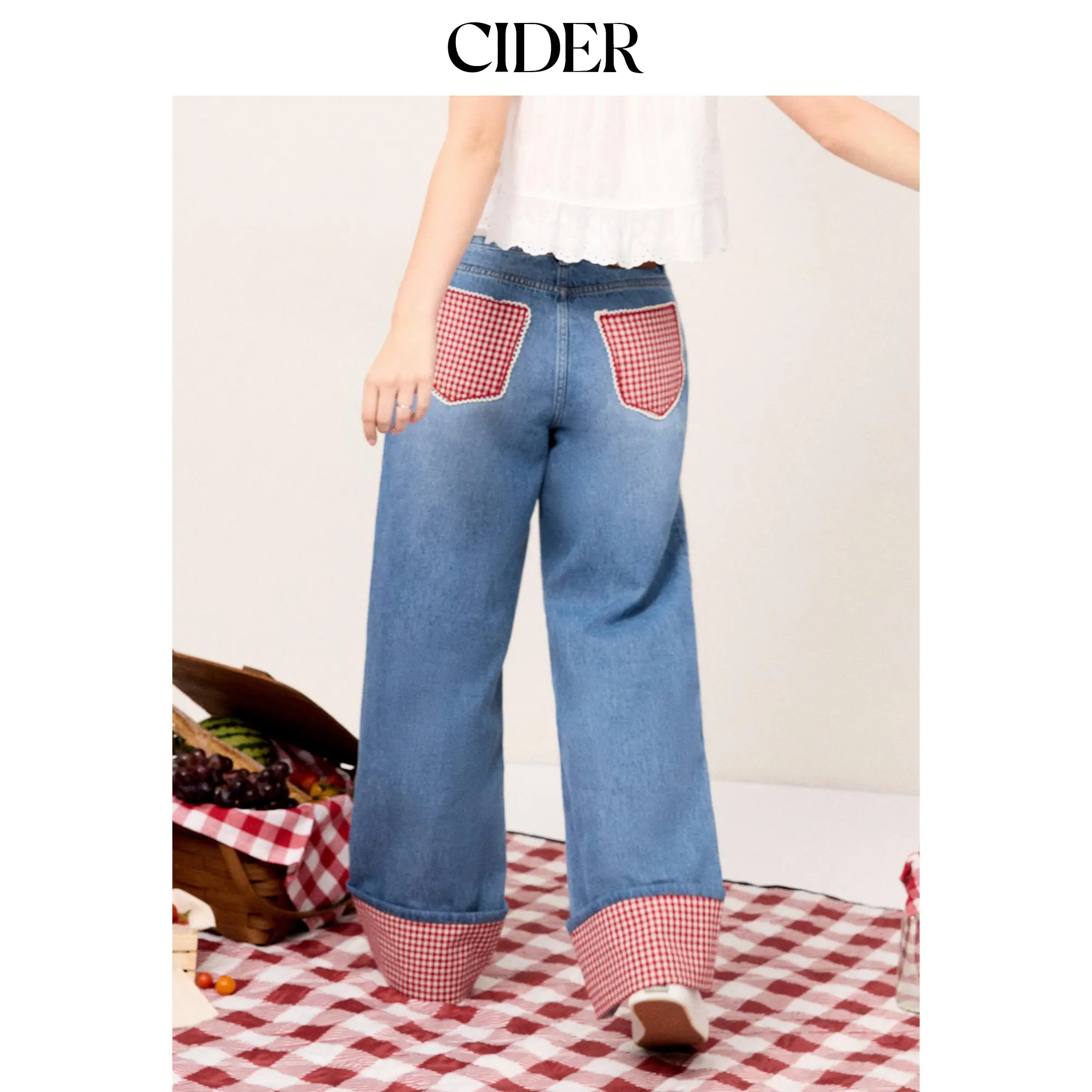 Cider Washed Denim Gingham Wide Leg Oversized Cropped Jeans