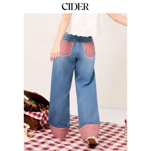 Cider Washed Denim Gingham Wide Leg Oversized Cropped Jeans