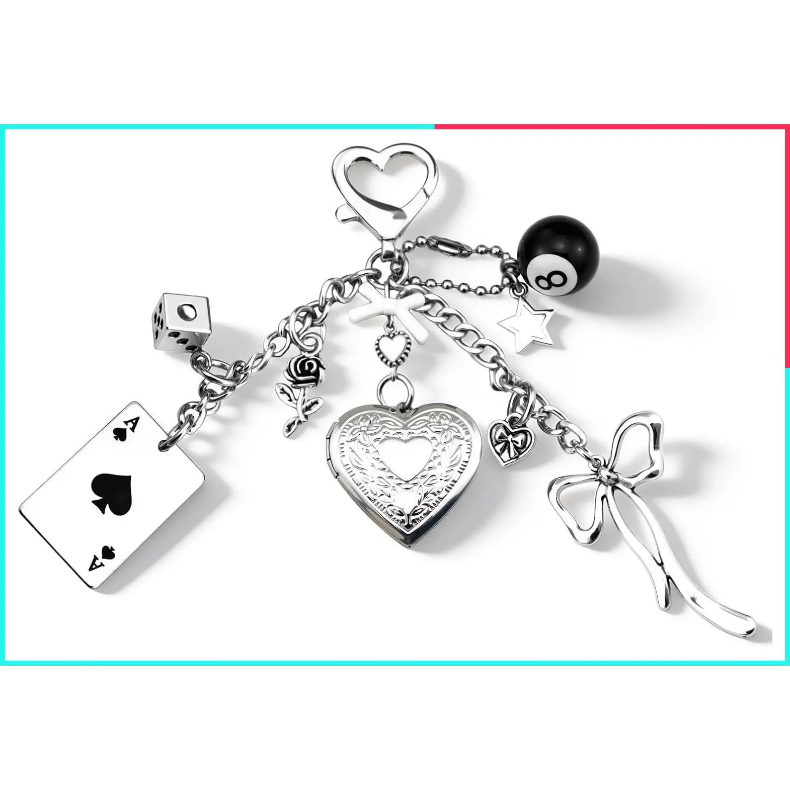 Y2K Heart Bag Charm Cute Locket Keychain 8 Ball Pendant Kawaii Photo Keychain with Bow Star Dice Rose Ace of Spades Aesthetic Accessories for Women