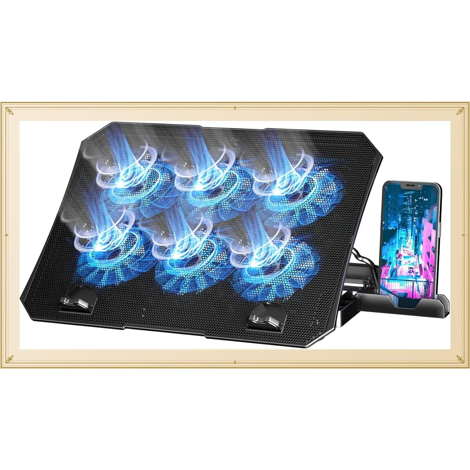 Laptop Cooling Pad for 12-15.6 Inch Laptops, 6 Cooling Fans, Blue LED Lights, 2 USB Ports, Adjustable Height StandGift