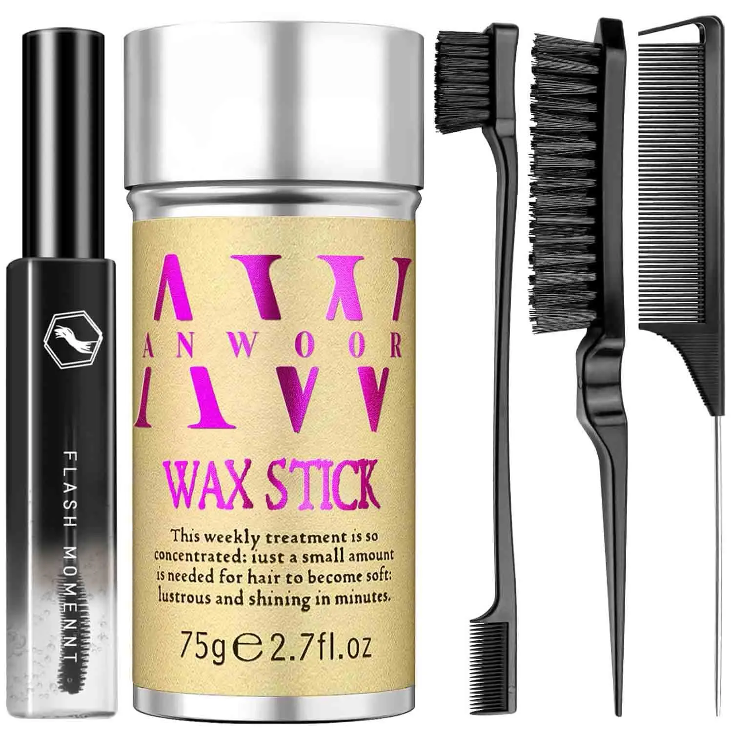 5pcs Hair Styling Kit: Non-Greasy Hair Wax Stick, Flyaway Finishing Stick & 3pcs Slick Back Hair Brushes - Flyaways Control, Smooths Frizz & Defines Edges - Styling Accessories for Women, Kids & Men