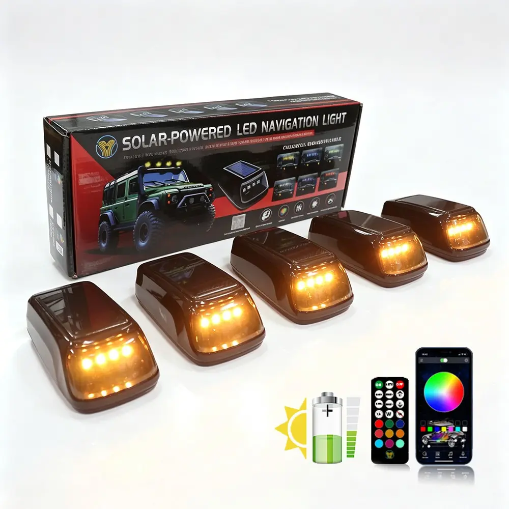 Upgrade APP Remote 5pcs 8 Colors Multi Mode Solar Cab Lights for Trucks - Vehicle Roof Light RGB No Drill Roof LED Marker Lights with Vibration Sensor | Solar Powered Waterproof Clearance Lights for Semi Truck, Pickup