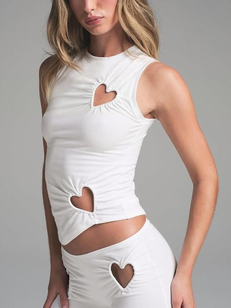 Two-piece Set, Casual Lounge Set Women's Heart Shaped Hollow Out Tank Top & Pants, Casual Cozy Breathable Slim Clothing Set for Daily Outdoor Wear, Ladies Clothes for Spring & Fall, Vacation Sets, Summer Outfits Set