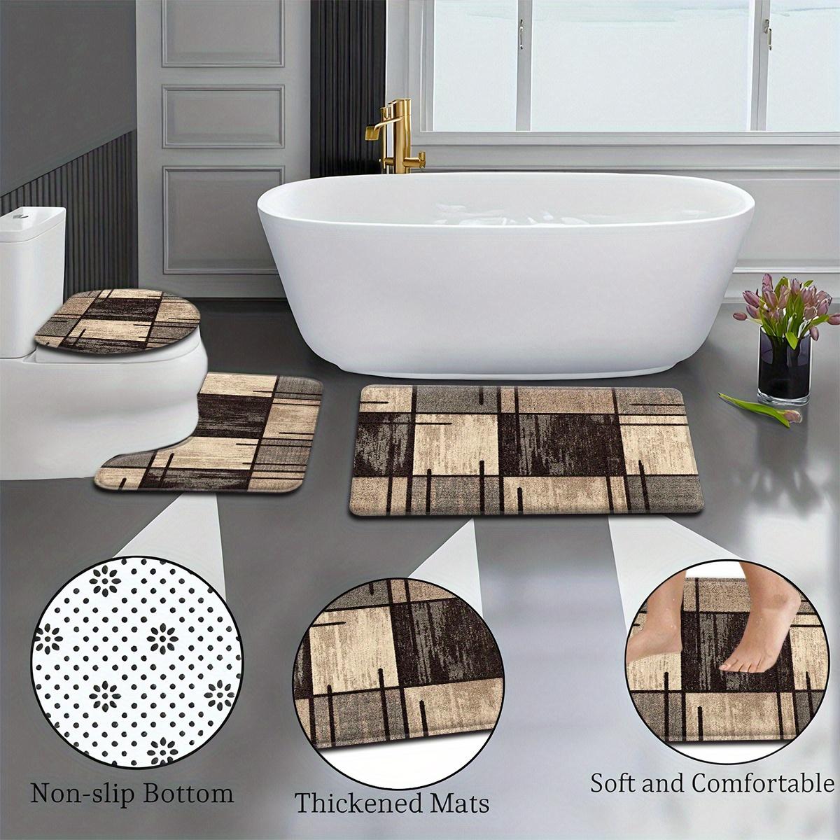 Bathroom Rug Set, Flannel Absorbent Non-Slip Bath Mats, Retro Geometric Grid Design, Washable Floor Mats for Tub, Shower, Toilet, U-Shaped Contour Mat & Lid Cover for Bathroom Decor