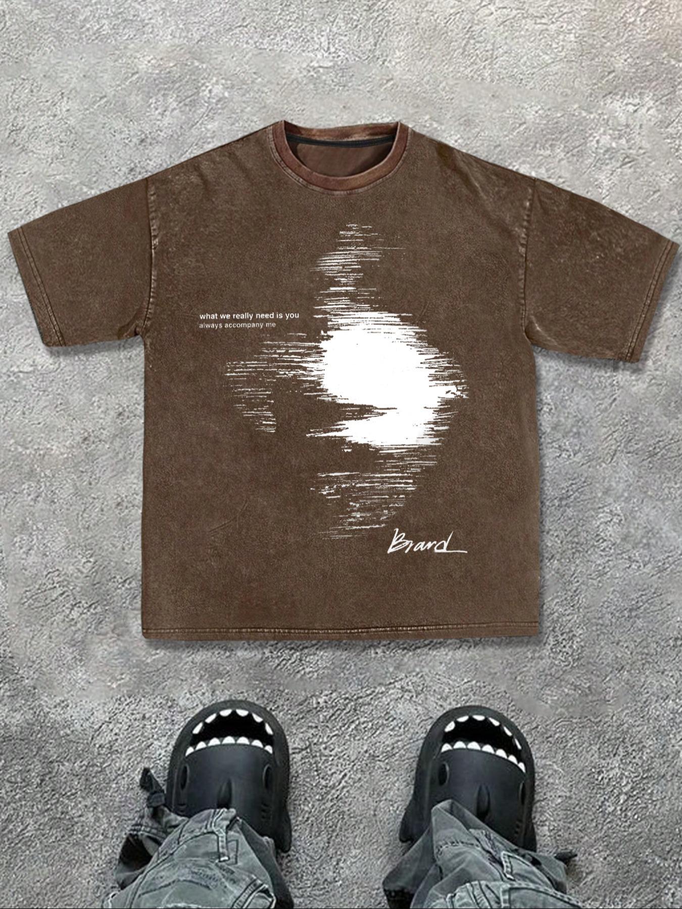 Men's Regular Fit Plain Wave Print Short Sleeve Graphic Tee Casual Style Tee Comfy Round Neck T-shirt for Summer, Fashion Men's Top for Daily Wear, Cotton