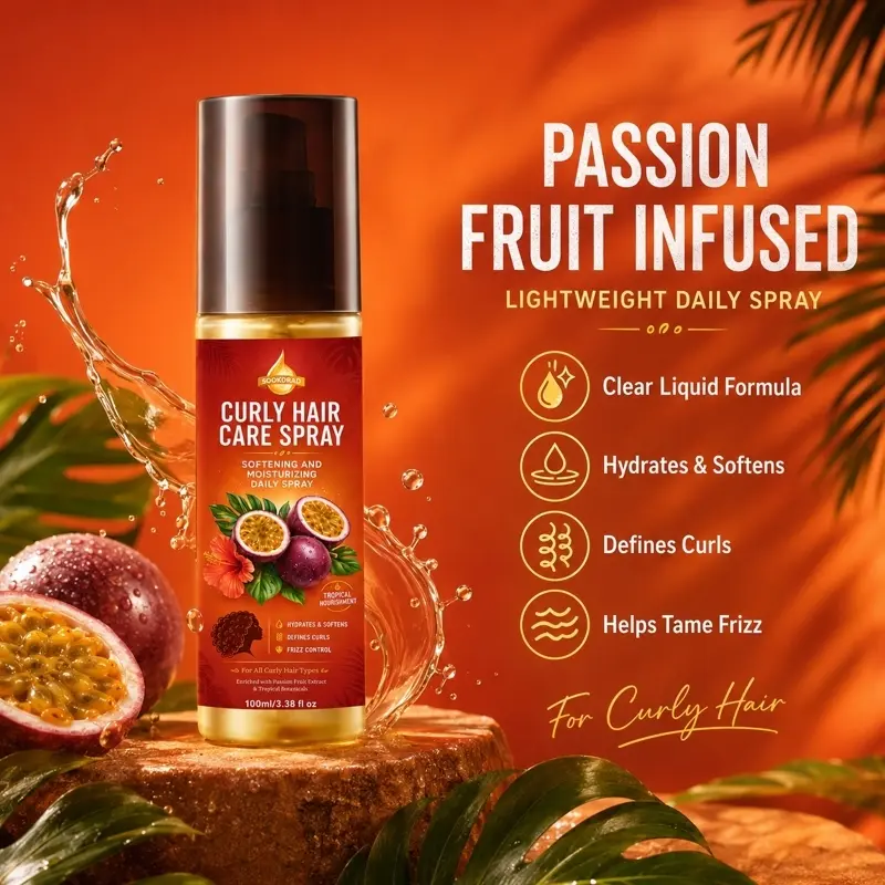 curly hair care spray, passion fruit extract, tropical botanicals, softening, moisturizing, hydrates and softens, defines curls, frizz control, for all curly hair types, 100ml/3.38fl oz