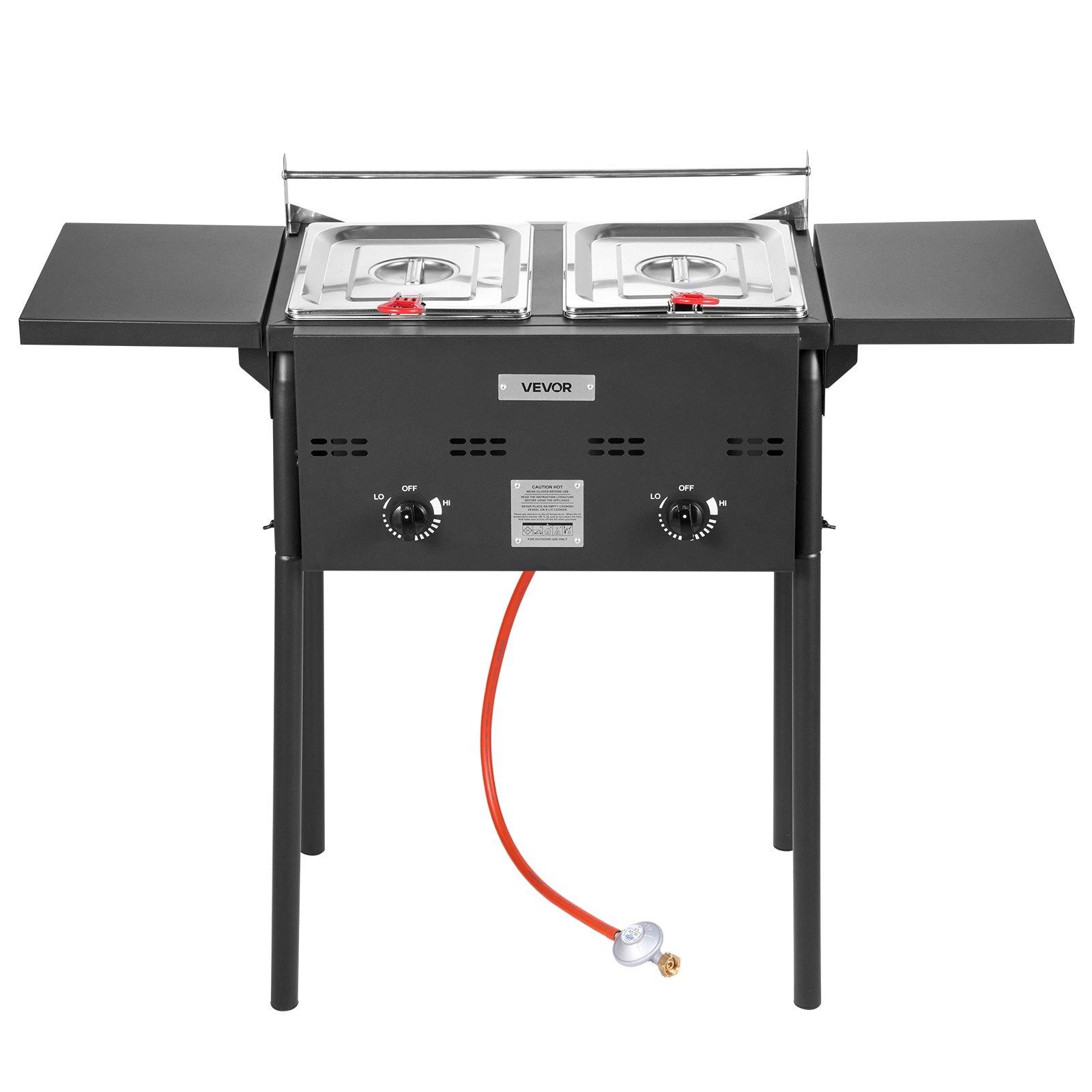 VEVOR Outdoor Propane Deep Fryer, Dual-Tank 8QTx2 Commercial Fryer, Stainless Steel Cooker with Foldable Platform, Dual Basket, and Heat Adjustment, Floor Standing Fryers for Restaurant Home Snack Bar