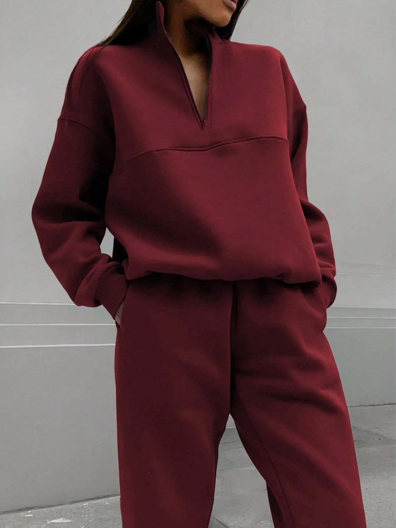 Women's Solid Color Half-Zip Stand Collar Sweatshirt Set, Loose Long Sleeve Casual Sweatpants Two-Piece Set, European Style Sporty