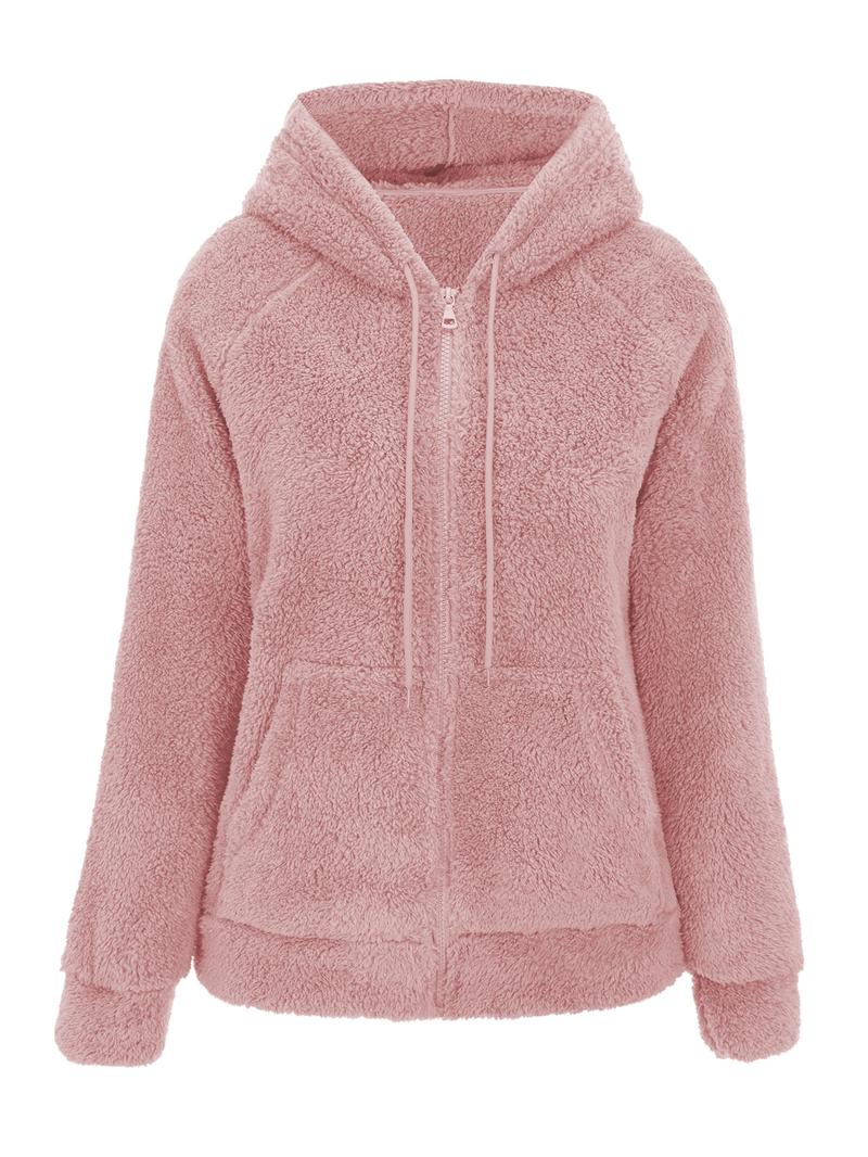 Women's Hooded Plush Jacket with Pockets & Drawstring, Casual Fitted Zipper Outerwear for Spring Autumn Winter All Seasons