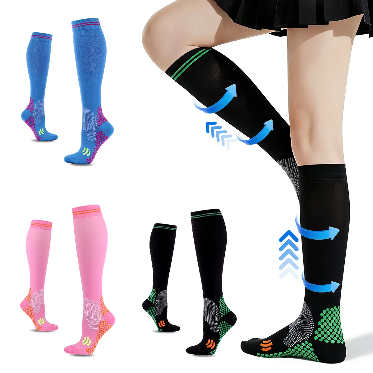 3 Packs Knee High Compression Socks Non Slip Dotted Sole Quick Dry Nylon Athletic Running Calf Socks Breathable Unisex Sport Socks for Gym Cycling Hiking Outdoor Workout