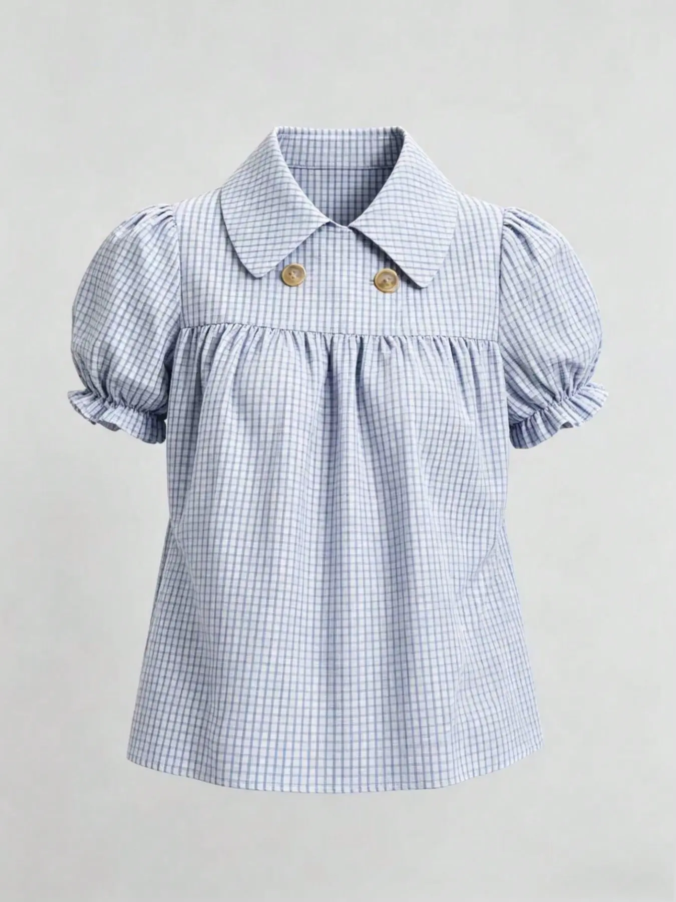 Women's College Style Blue Plaid Short Sleeve Bubble Sleeve Top, Ruffle Details, Bell Bottom Regular Fit Shirt, Fashionable Ladies' Clothing