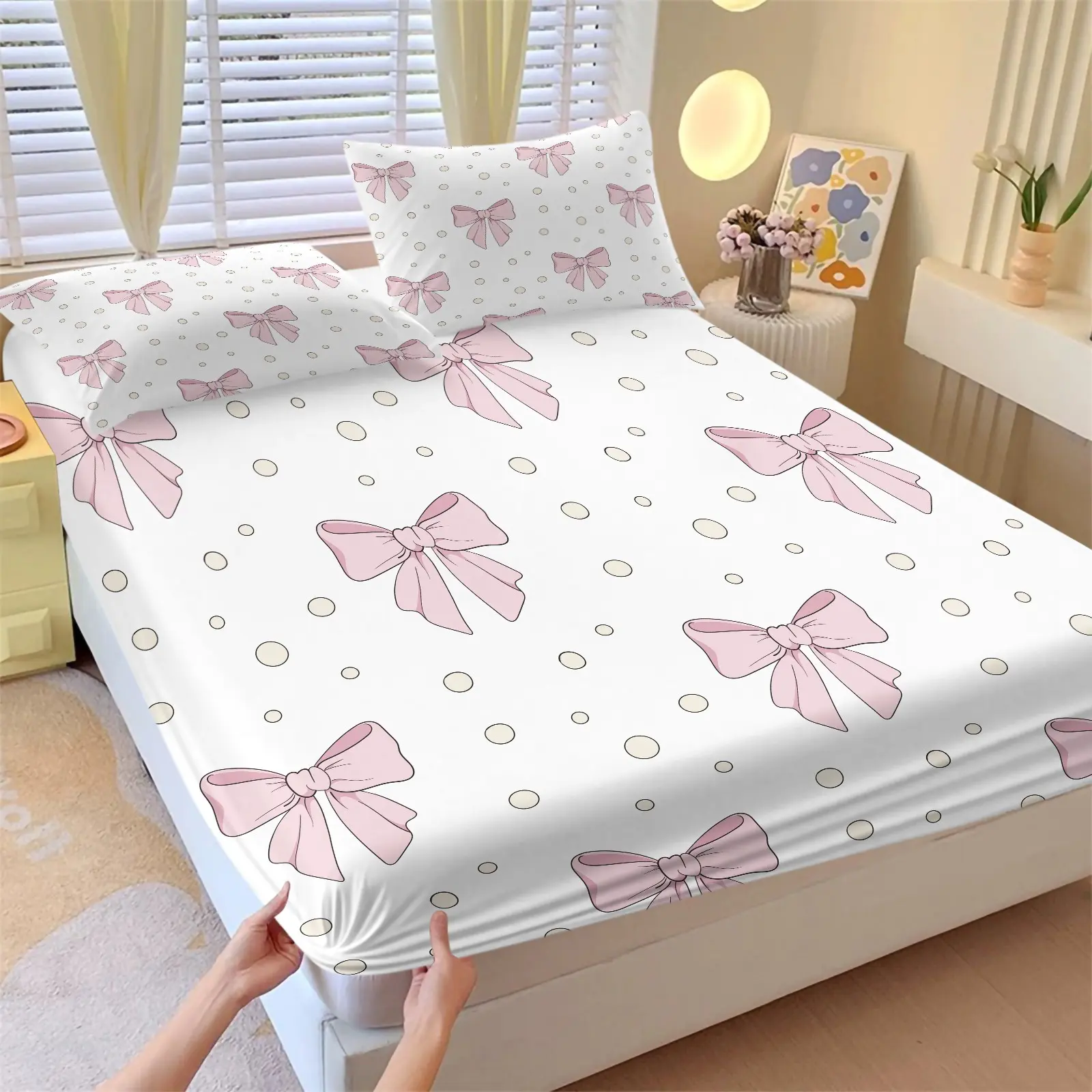Pink Bow Printed Fitted Sheet Set, Include 1 Bedspread and 2 Pillowcases, Cute Watercolor Bow Pattern Girly Mattress Cover, Soft Breathable Deep Pocket Wrinkle Resistant Bedcap, Comfortable Skin-friendly, All Seasons Use, Soft Bedding Sets