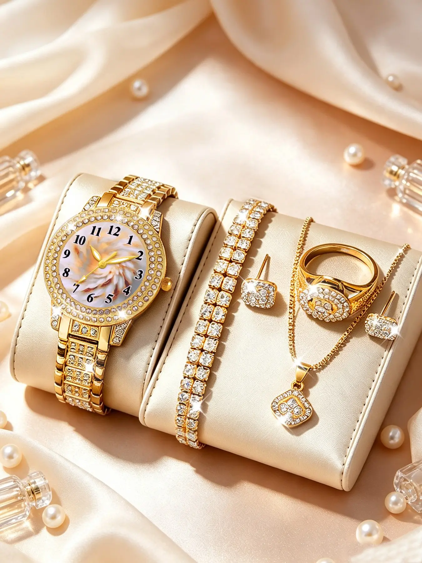 Women's Luxury Quartz Watch Set, Elegant Analog Watch with Rhinestone Jewelry, Perfect for Parties and Gifts
