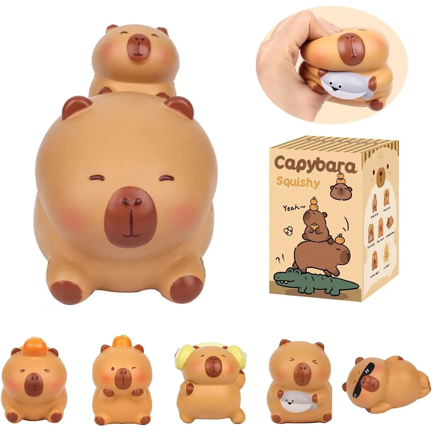 Capybara Squeezable Series Blind Box Figure - PU/PVC Squishy Play Stress Toy, Random Designs Collectible Animal Figure, Cute Simulation Squeeze Toy for Gifting (3.54-4.72in H, Various Sizes), Stress Toys, Animal Fun