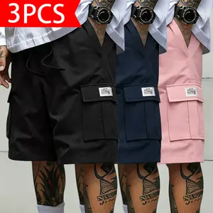 Men's 3-Piece Fitted work Matching Shorts Set - Casual Summer Drawstring Color-Mixed Shorts, Lightweight Breathable, Slanted Multipocket, Versatile Everyday Beach Gym Wear Brown, Black, Green, Pink, Color-Mixed Men's Shorts, Fitted Men's Shorts Activewear