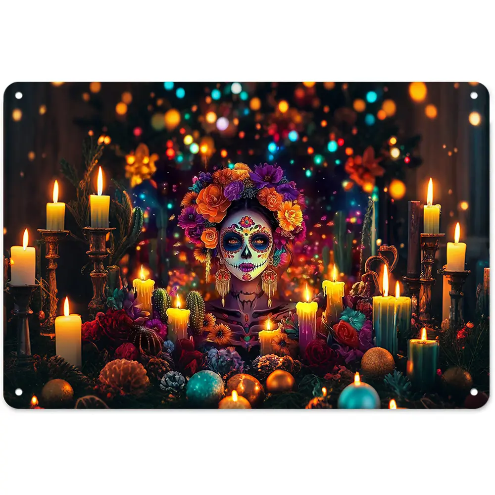 Glowing Candlelight Sugar Skull Woman Aluminium Poster Print - Gothic Graphic Wall Art, Waterproof Lightweight Decoration, Traditional Marigold Wreath Latin Culture Plaque, Gift for Halloween Day of the Dead