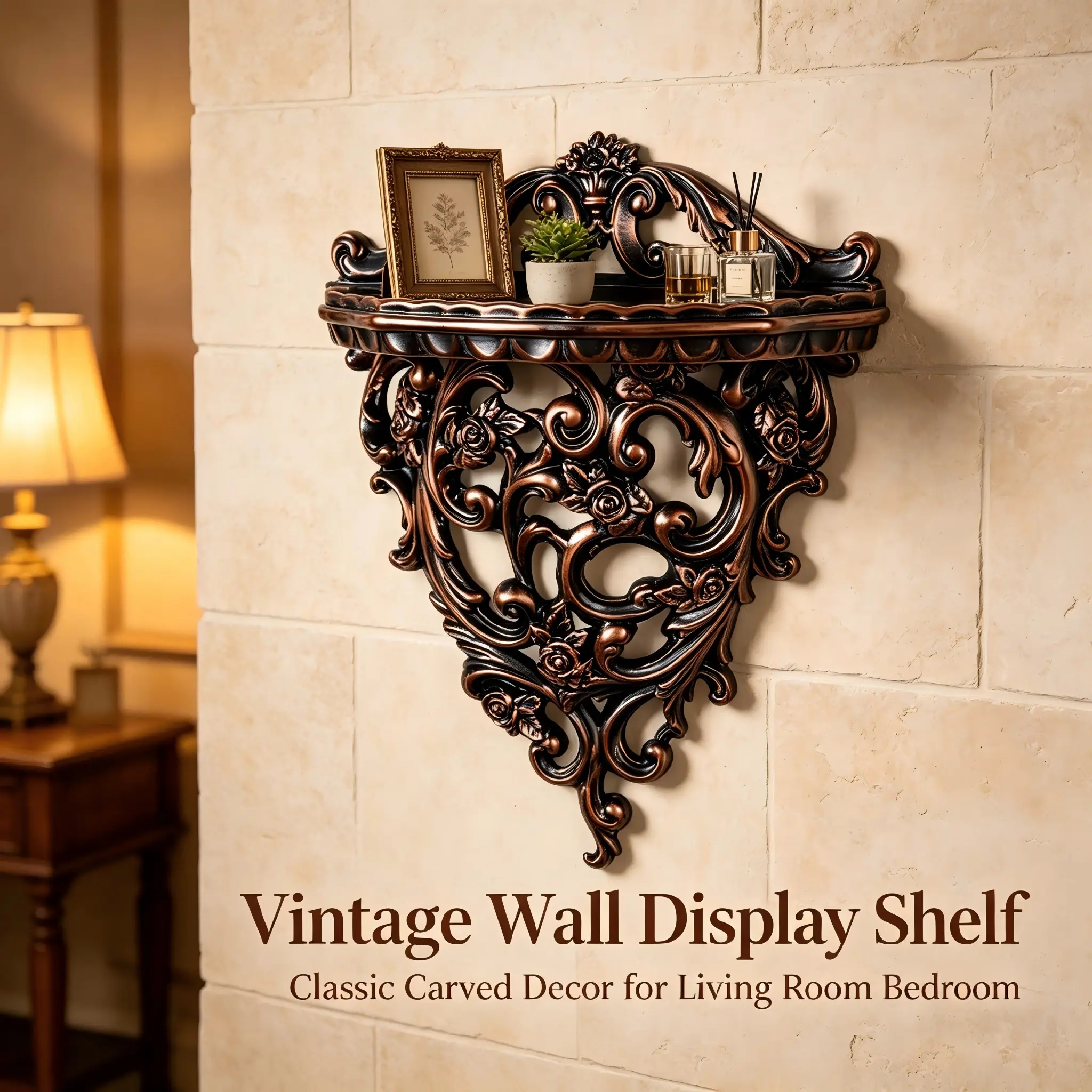 Vintage Floral Rose Wall Shelf, Resin Material, Hollow Out Scroll Relief Tray, Decorative Statue Candle Decor, Bedroom Living Room Wall Display Board, Baroque Style
