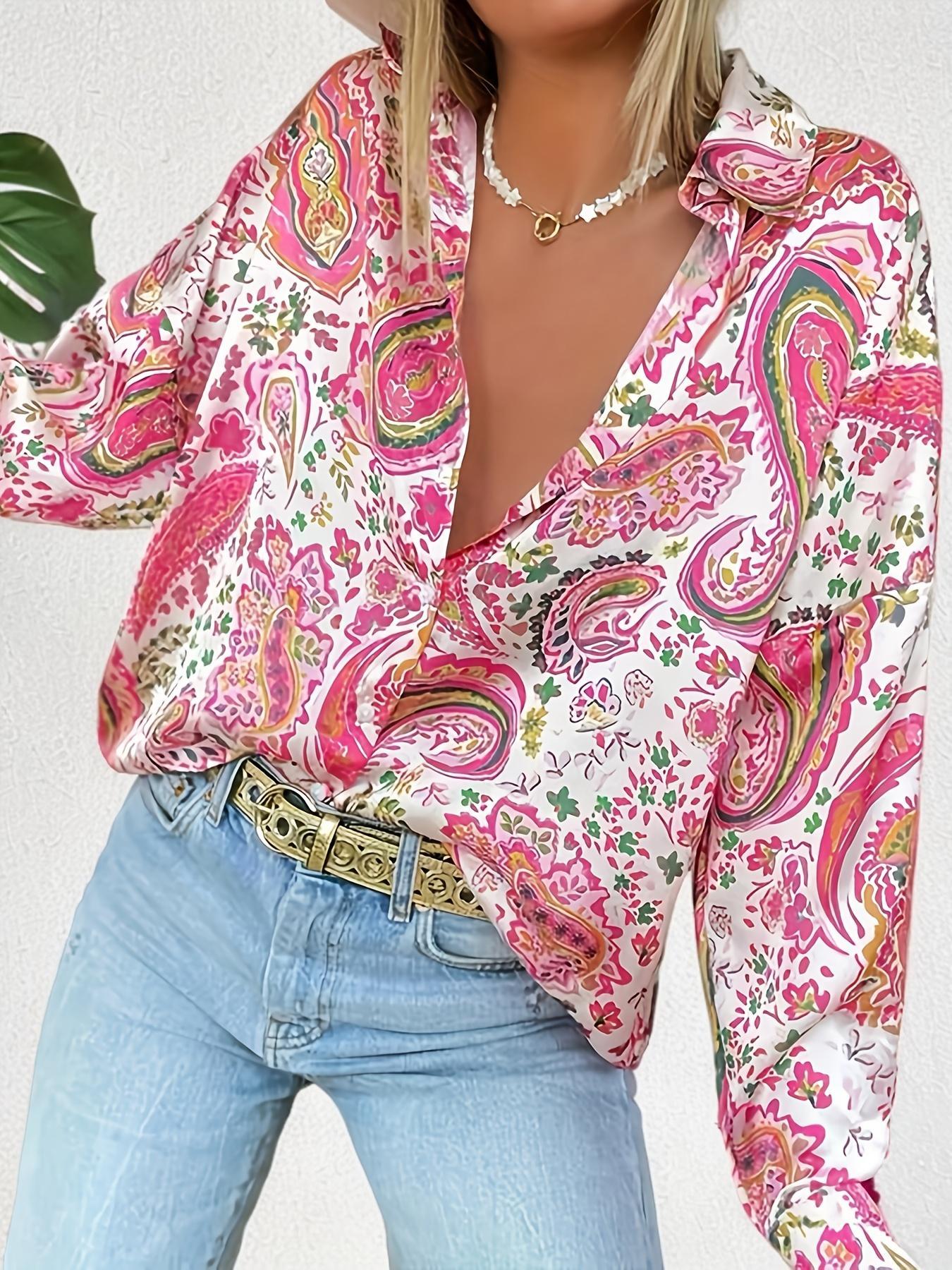 【Plus Size】 All Over Print Shirt, Casual Long Sleeve Collared Top for Summer, Women's Clothes for Daily Wear