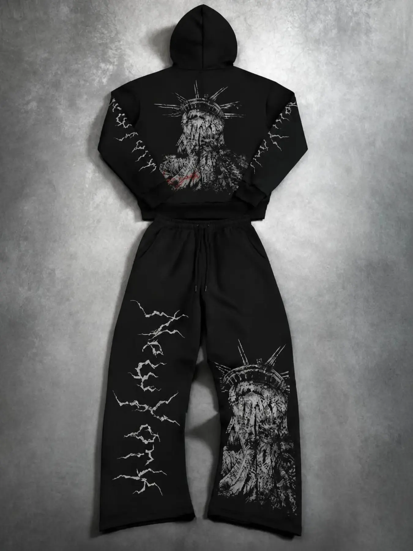 Dark Distressed Statue Of Liberty Lightning Print Two Piece Outfit, Oversized Cropped Hoodie & Wide Leg Sweatpants Matching Set, Y2K Grunge Punk Streetwear Tracksuit For Men Trendy Casual Outfit
