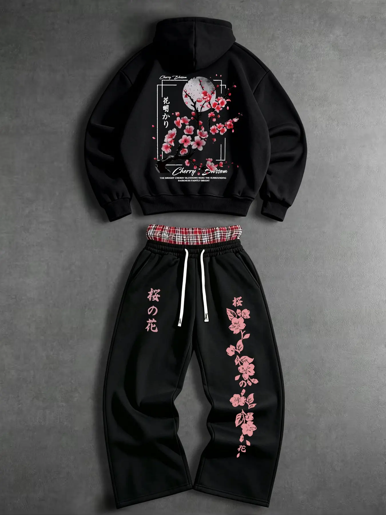 Men's Japanese Cherry Blossom Print Hoodie Set, American High Street Style, Floral Moon Pattern, Plaid Waist Wide Leg Sweatpants, Casual Two-Piece Set