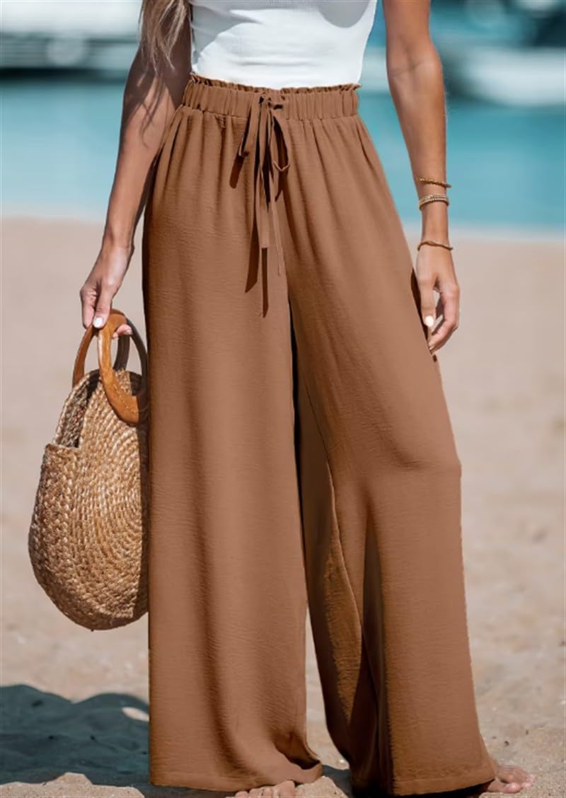 Womens Wide Leg Pants High Waisted Trousers Linen Palazzo Loose Fit Lounge Beach Flowy Pants