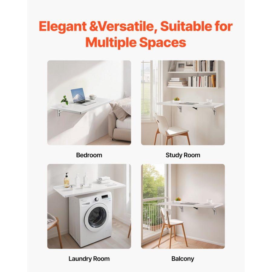 VEVOR Wall Mounted Folding Table, 39.4x 19.7 inches Wall Mount Table, Floating Desk with Iron Bracket, Fold Down Desk for Small Spaces, Home Office, Dining, Laundry Room, Kitchen, Bar, White