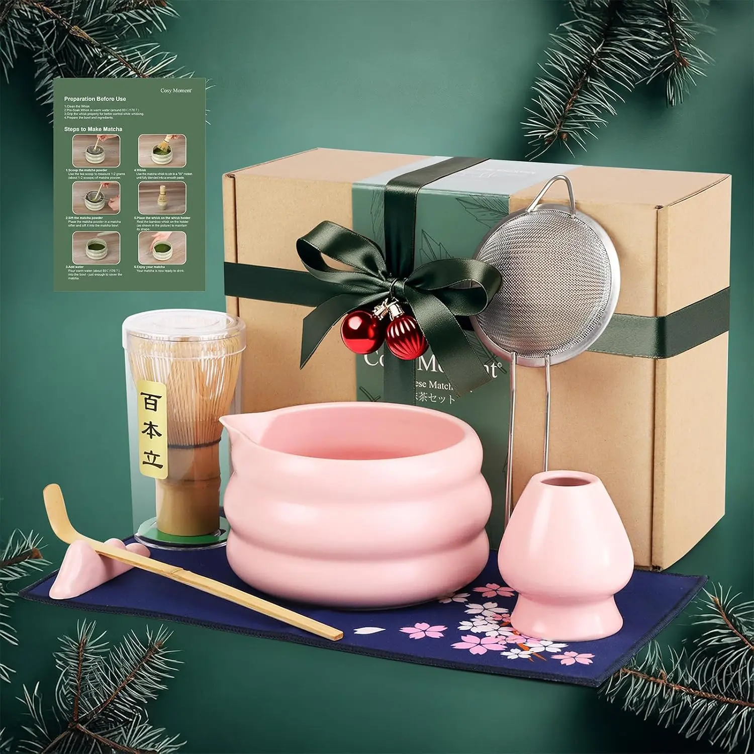 Complete Matcha Set – 7 count Matcha Starter Kit with  Whisk, Ceramic Bowl, Scoop & Sifter, Towel, Holder,  Matcha  Set,  for Beginners &  Lovers,