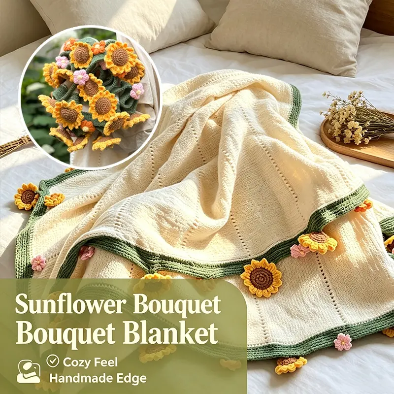Hand Crochet Sunflower Bouquet Round Knit Throw Blanket, Foldable Floral Edge Decor Knitted Cover, Soft Gentle Fabric for Sofa Naps, Bedroom Decor, Travel Camping & Holiday Gift